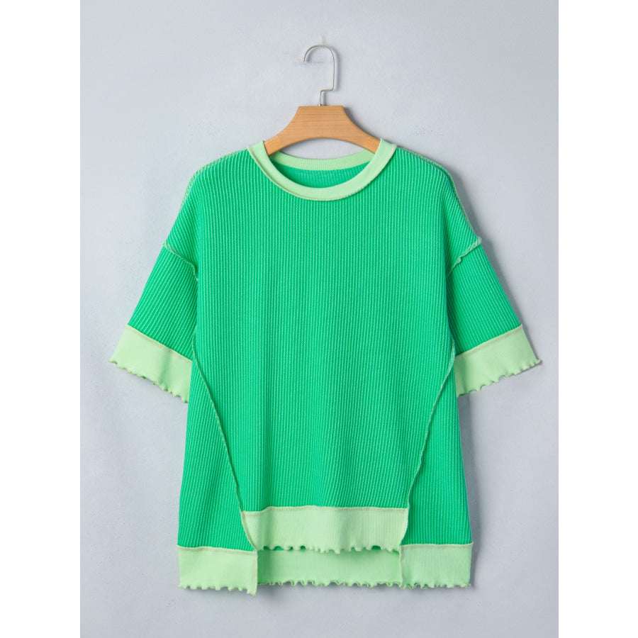 Loose Uneven Hem Twist Ribbed T Shirt Apparel and Accessories