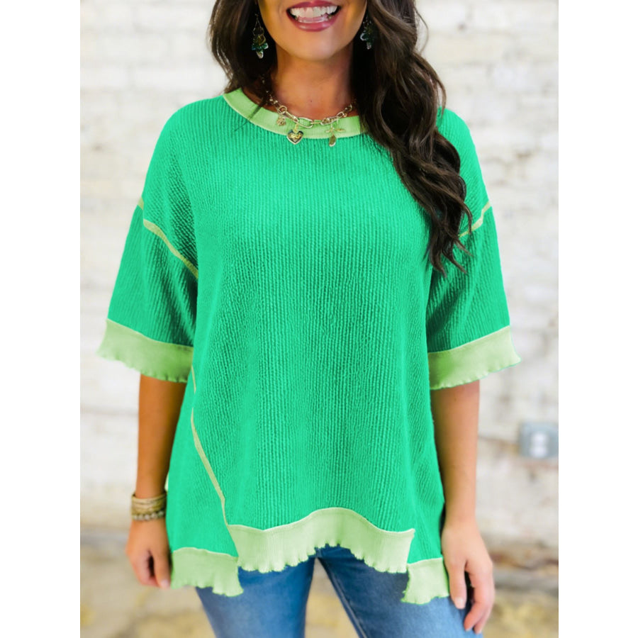 Loose Uneven Hem Twist Ribbed T Shirt Green / S Apparel and Accessories