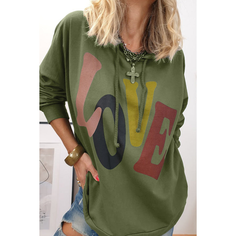 LOVE Drawstring Dropped Shoulder Hoodie Apparel and Accessories