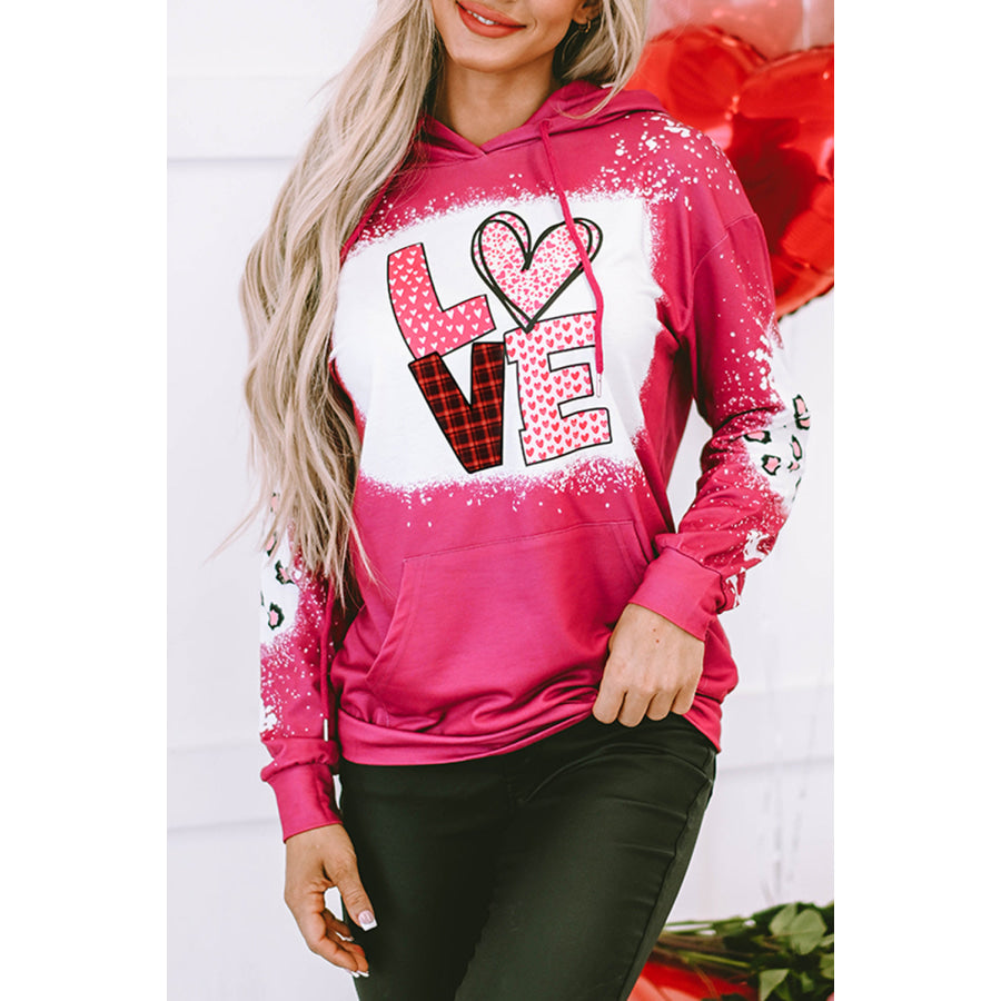 LOVE Heart Drawstring Dropped Shoulder Hoodie Deep Rose / S Apparel and Accessories