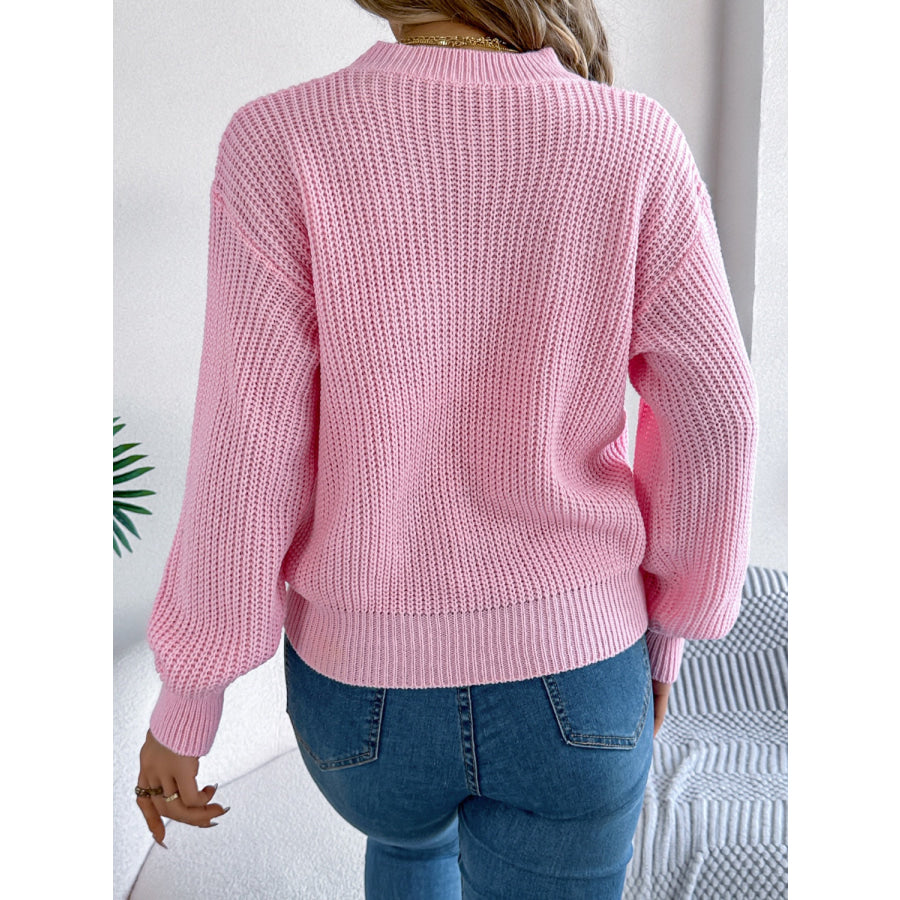 LOVE Heart Round Neck Dropped Shoulder Sweater Apparel and Accessories