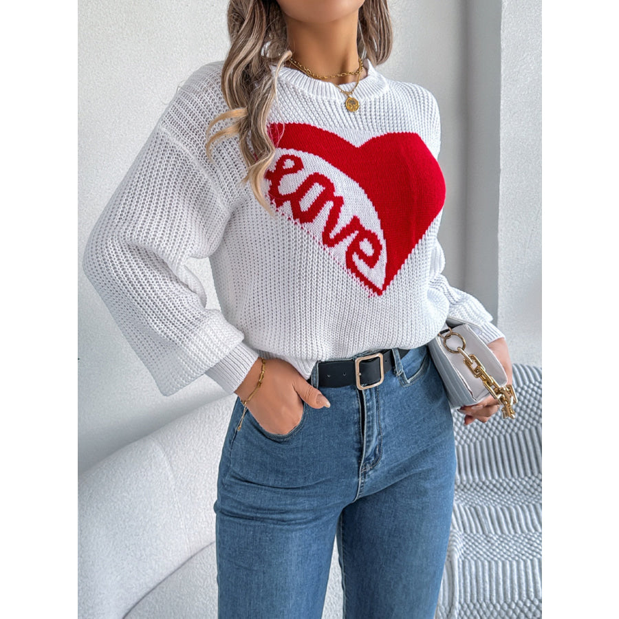 LOVE Heart Round Neck Dropped Shoulder Sweater Apparel and Accessories