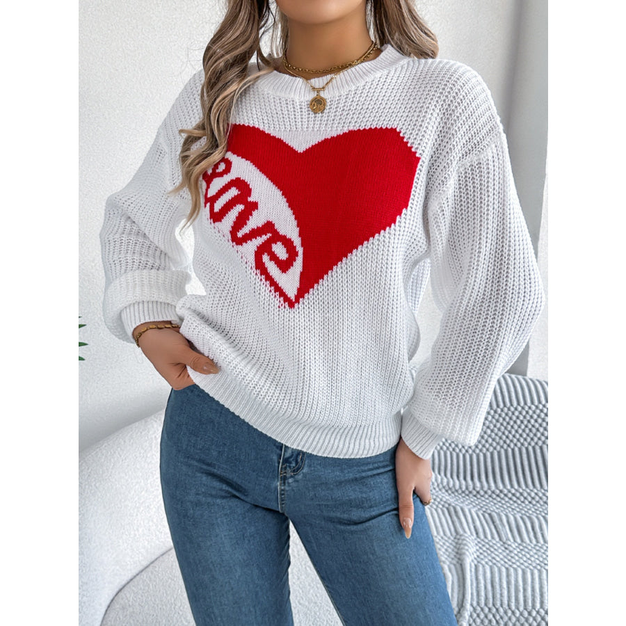 LOVE Heart Round Neck Dropped Shoulder Sweater Apparel and Accessories