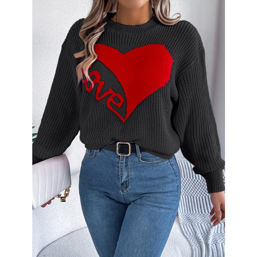 LOVE Heart Round Neck Dropped Shoulder Sweater Apparel and Accessories