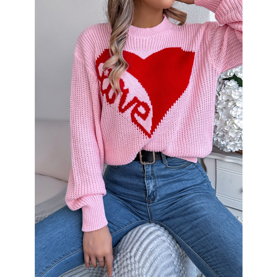 LOVE Heart Round Neck Dropped Shoulder Sweater Apparel and Accessories