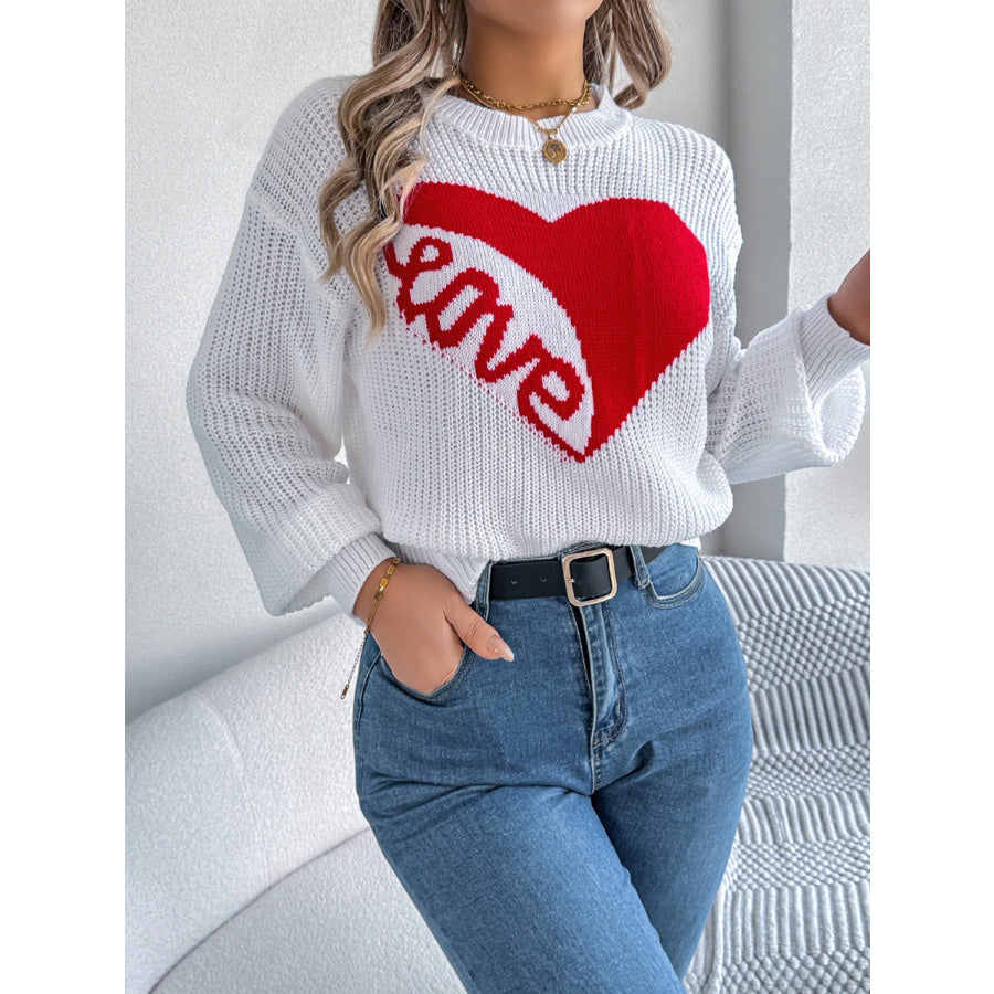 LOVE Heart Round Neck Dropped Shoulder Sweater Apparel and Accessories