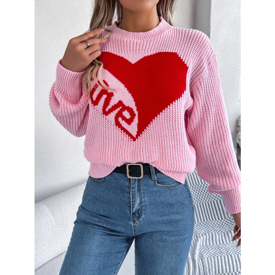 LOVE Heart Round Neck Dropped Shoulder Sweater Apparel and Accessories