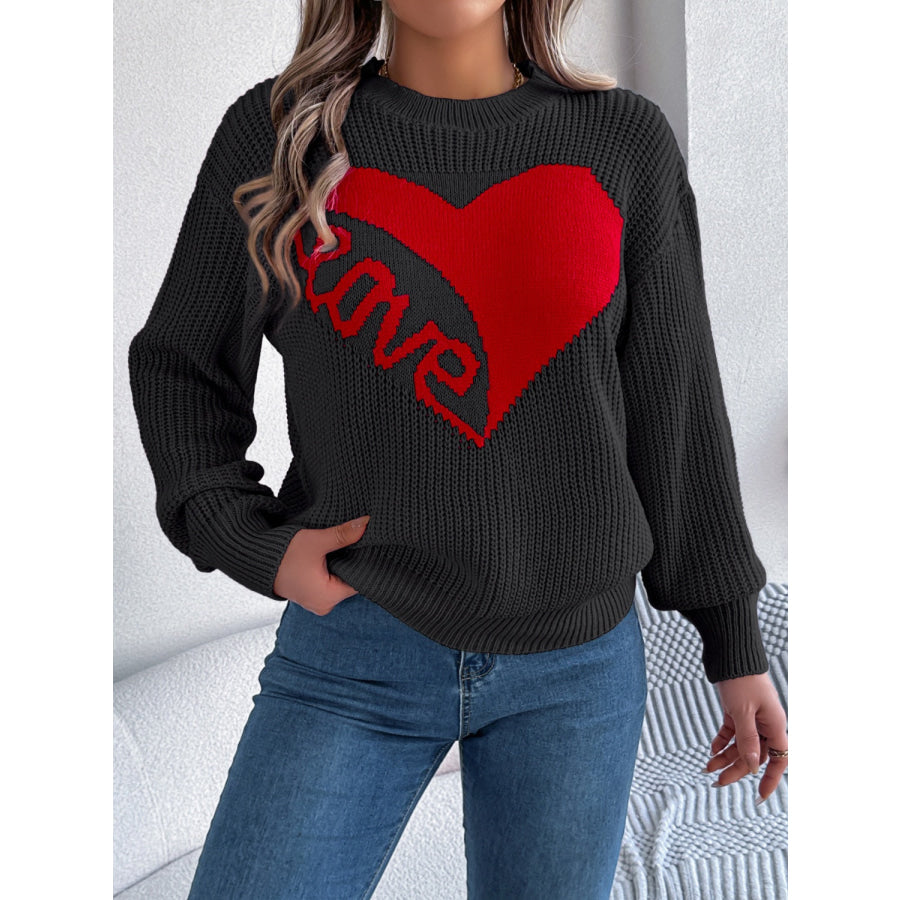 LOVE Heart Round Neck Dropped Shoulder Sweater Apparel and Accessories