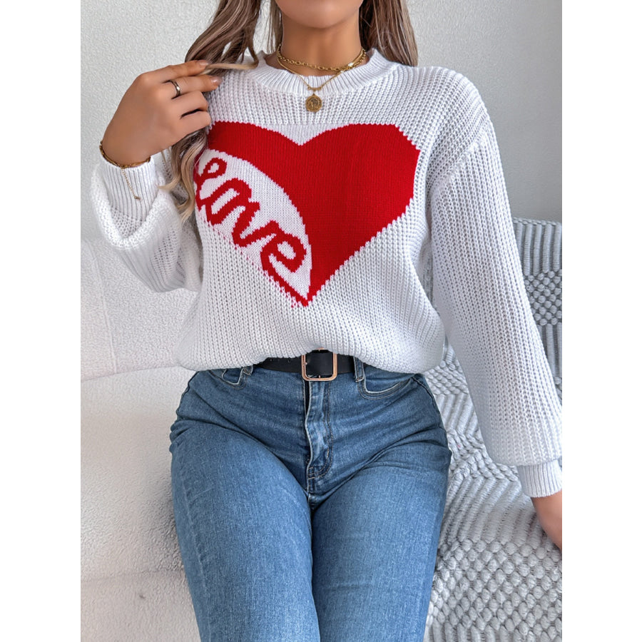 LOVE Heart Round Neck Dropped Shoulder Sweater Apparel and Accessories