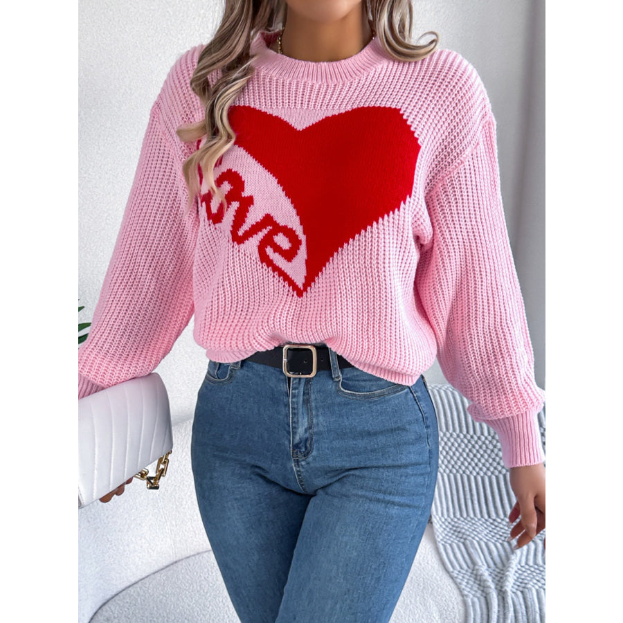 LOVE Heart Round Neck Dropped Shoulder Sweater Apparel and Accessories