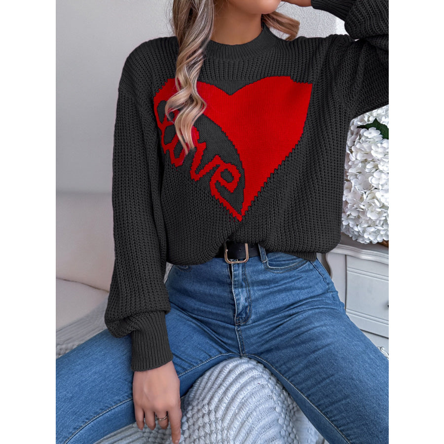 LOVE Heart Round Neck Dropped Shoulder Sweater Apparel and Accessories