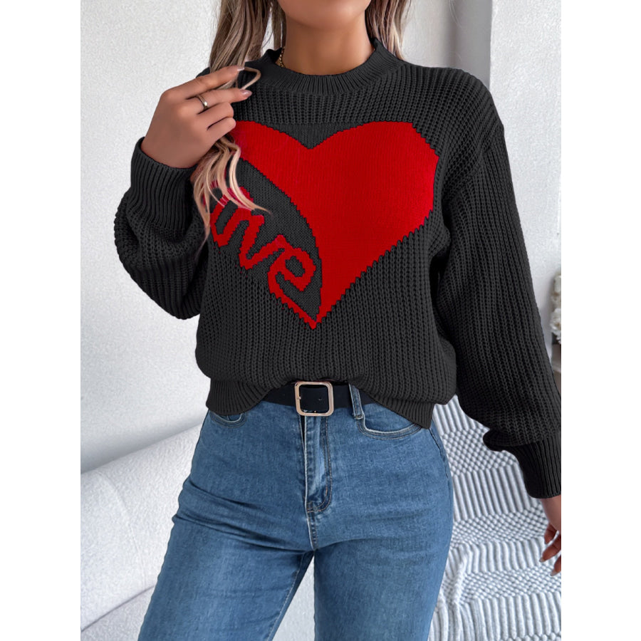 LOVE Heart Round Neck Dropped Shoulder Sweater Apparel and Accessories