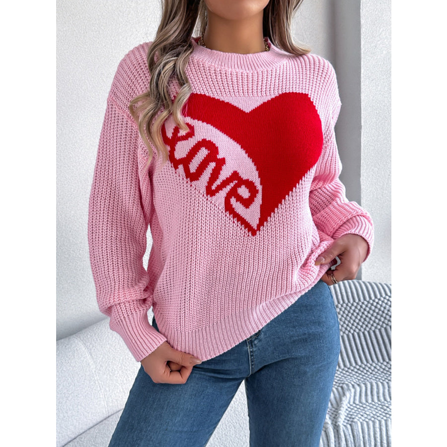 LOVE Heart Round Neck Dropped Shoulder Sweater Apparel and Accessories