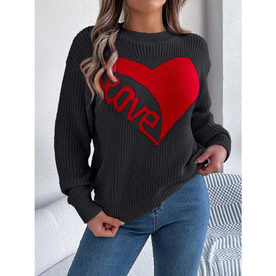 LOVE Heart Round Neck Dropped Shoulder Sweater Black / S Apparel and Accessories