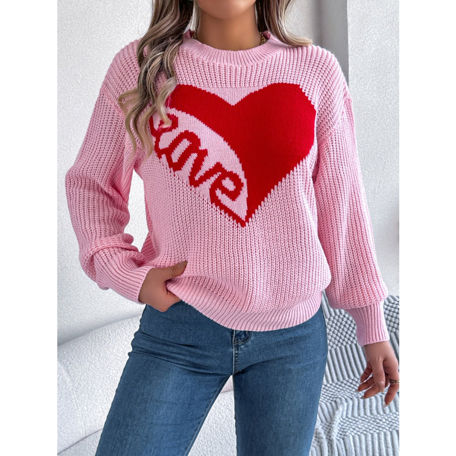 LOVE Heart Round Neck Dropped Shoulder Sweater Blush Pink / S Apparel and Accessories