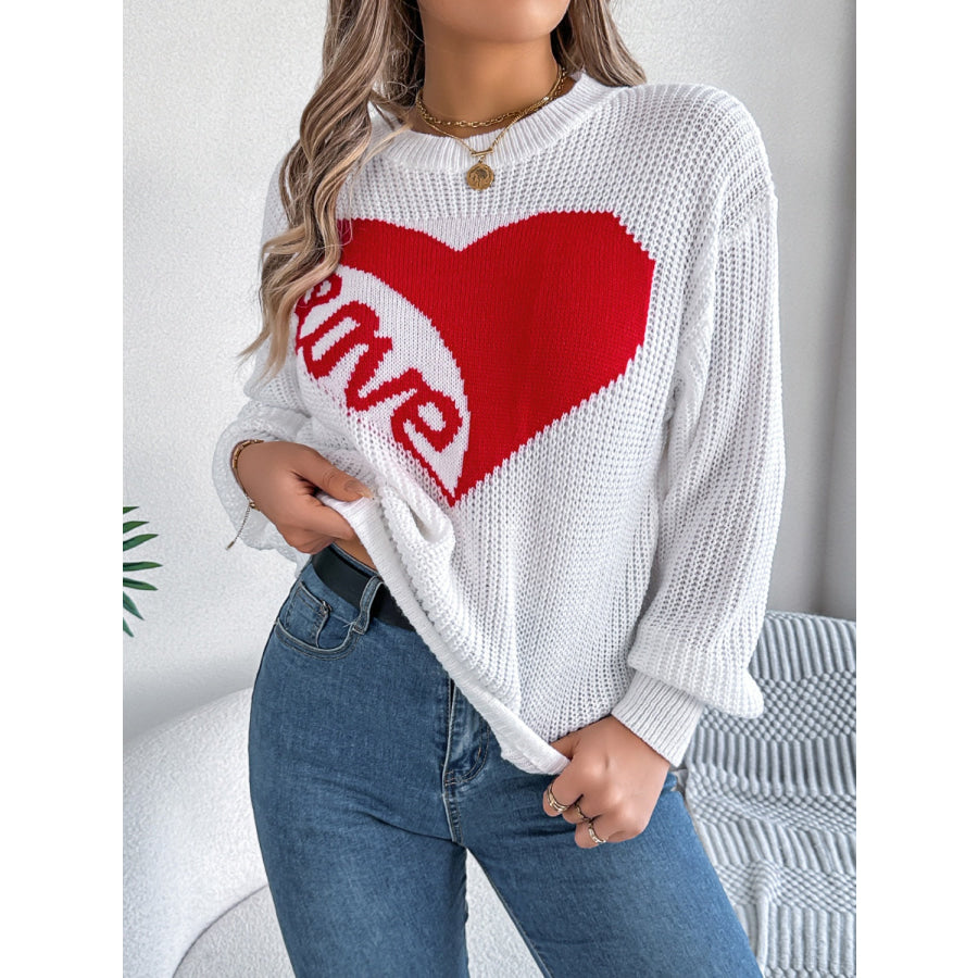 LOVE Heart Round Neck Dropped Shoulder Sweater White / S Apparel and Accessories