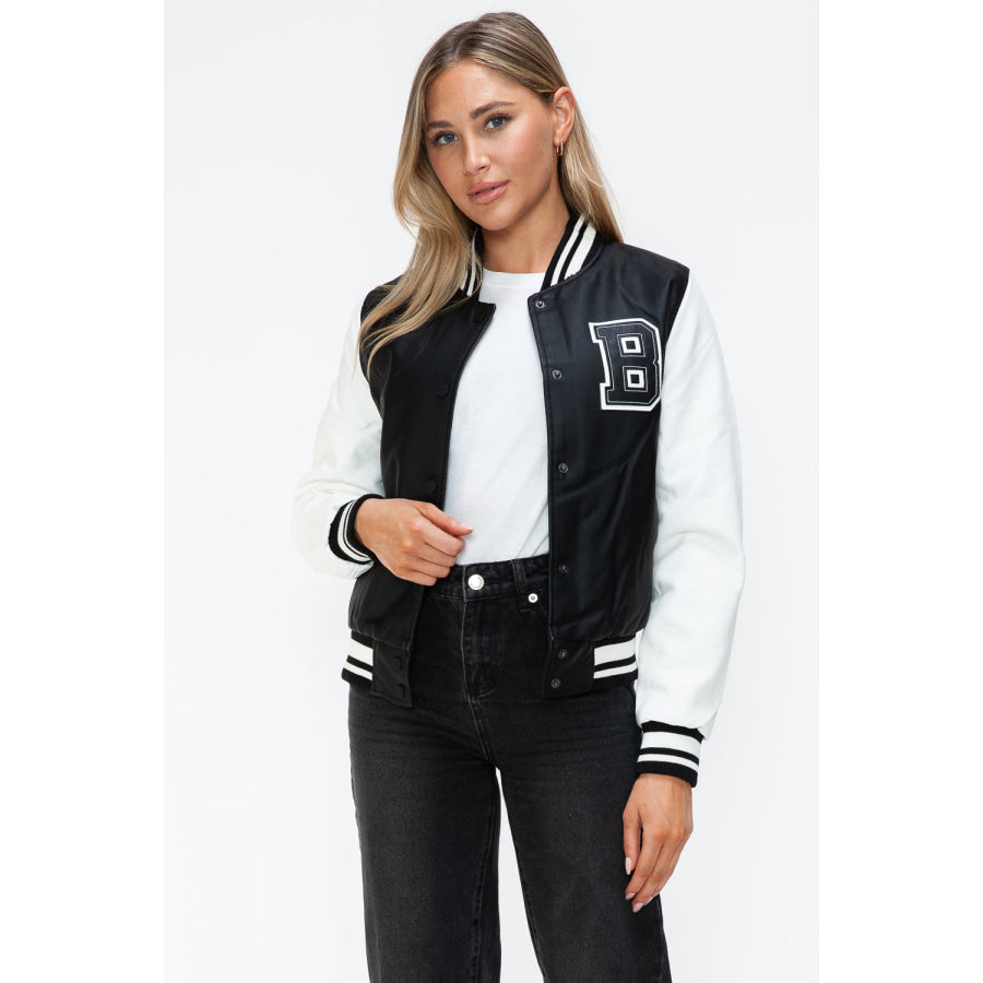 Love Me Now PU Leather Contrast Snap Down Bomber Jacket Apparel and Accessories