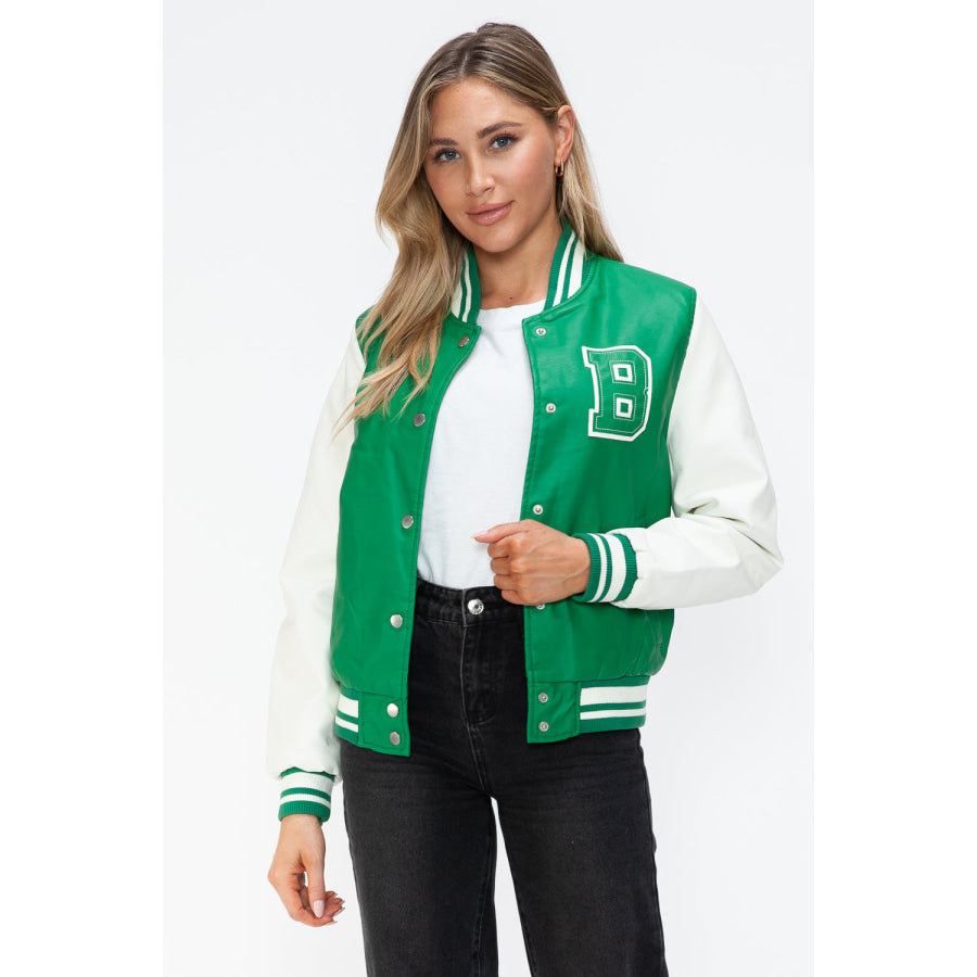 Love Me Now PU Leather Contrast Snap Down Bomber Jacket Apparel and Accessories