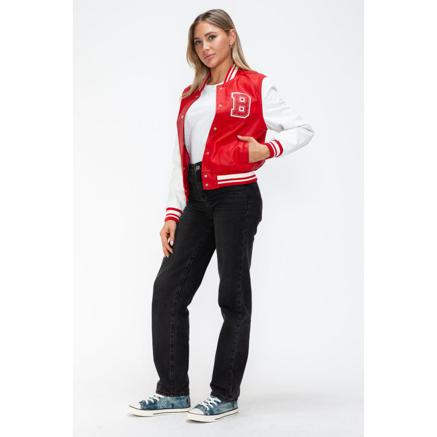 Love Me Now PU Leather Contrast Snap Down Bomber Jacket Apparel and Accessories