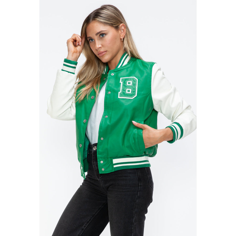 Love Me Now PU Leather Contrast Snap Down Bomber Jacket Apparel and Accessories