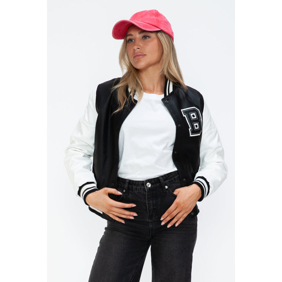 Love Me Now PU Leather Contrast Snap Down Bomber Jacket Apparel and Accessories