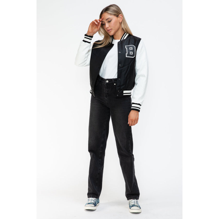 Love Me Now PU Leather Contrast Snap Down Bomber Jacket Apparel and Accessories