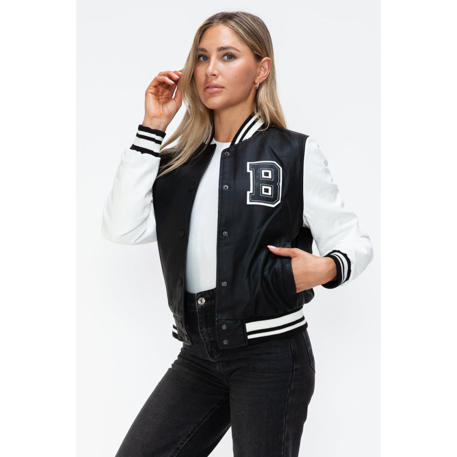 Love Me Now PU Leather Contrast Snap Down Bomber Jacket Apparel and Accessories