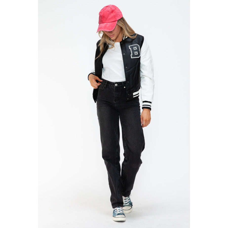 Love Me Now PU Leather Contrast Snap Down Bomber Jacket Apparel and Accessories