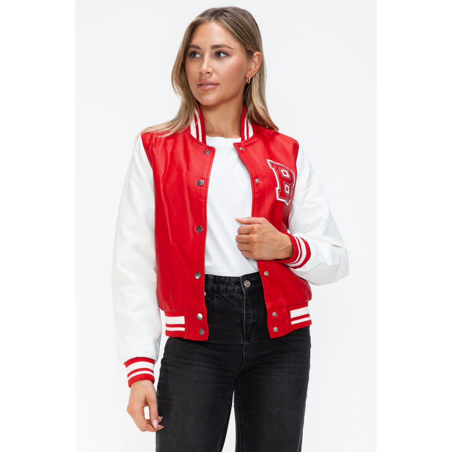 Love Me Now PU Leather Contrast Snap Down Bomber Jacket Apparel and Accessories