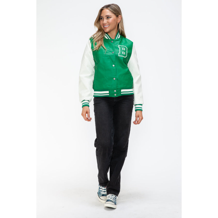 Love Me Now PU Leather Contrast Snap Down Bomber Jacket Apparel and Accessories