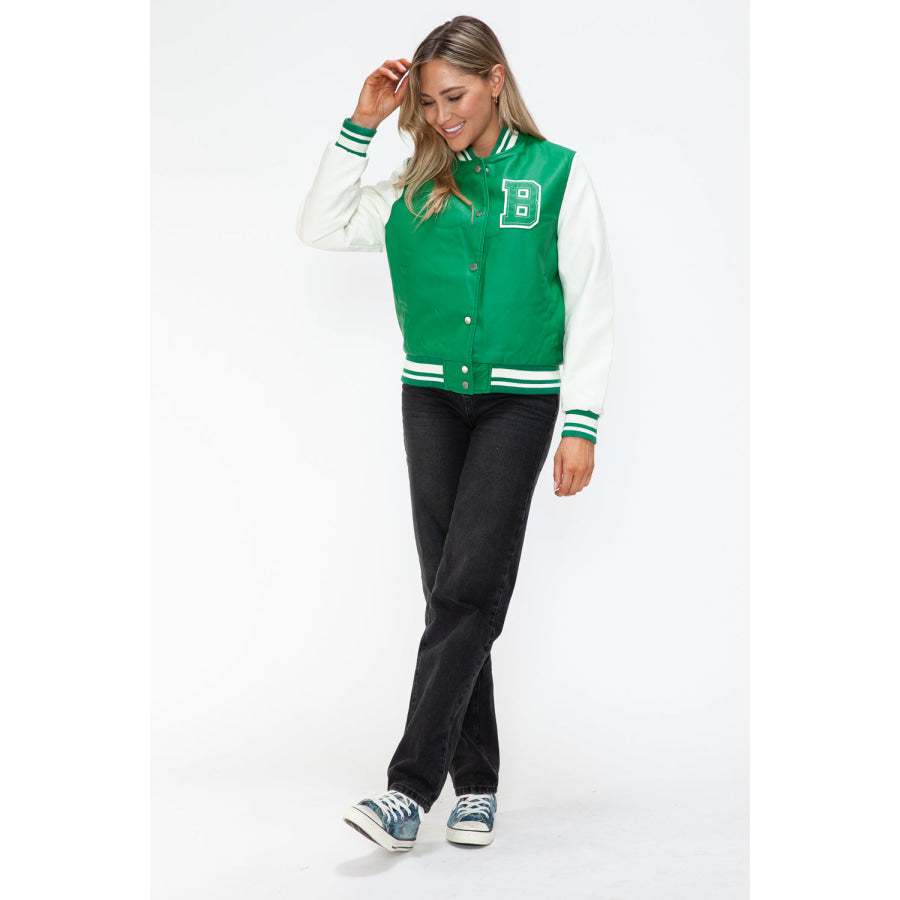 Love Me Now PU Leather Contrast Snap Down Bomber Jacket Apparel and Accessories