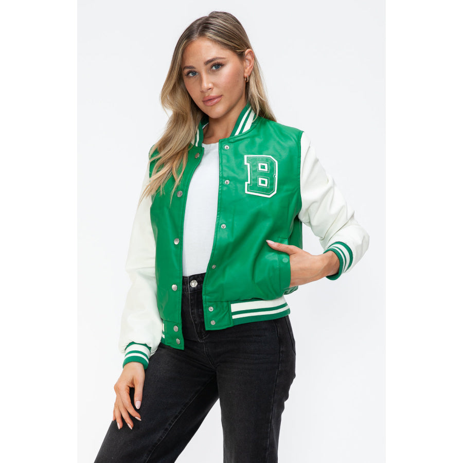 Love Me Now PU Leather Contrast Snap Down Bomber Jacket Apparel and Accessories