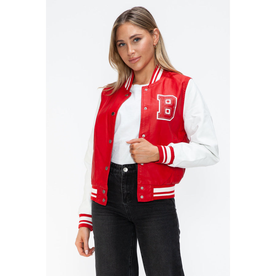 Love Me Now PU Leather Contrast Snap Down Bomber Jacket Apparel and Accessories