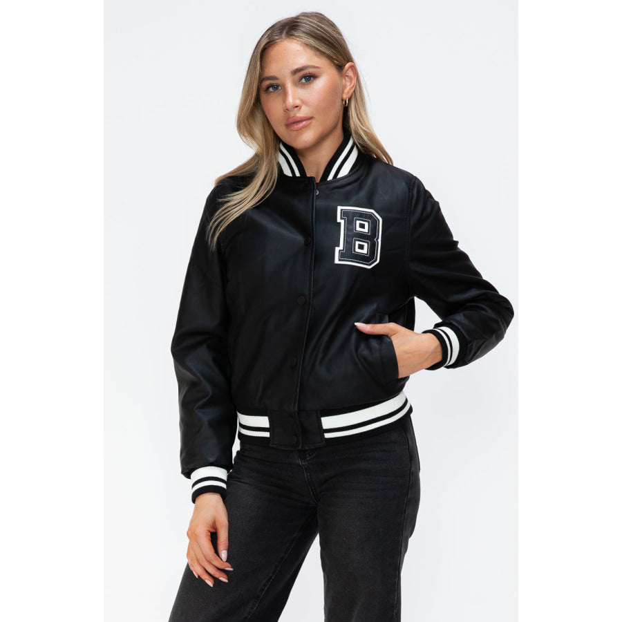 Love Me Now PU Leather Contrast Snap Down Bomber Jacket Apparel and Accessories