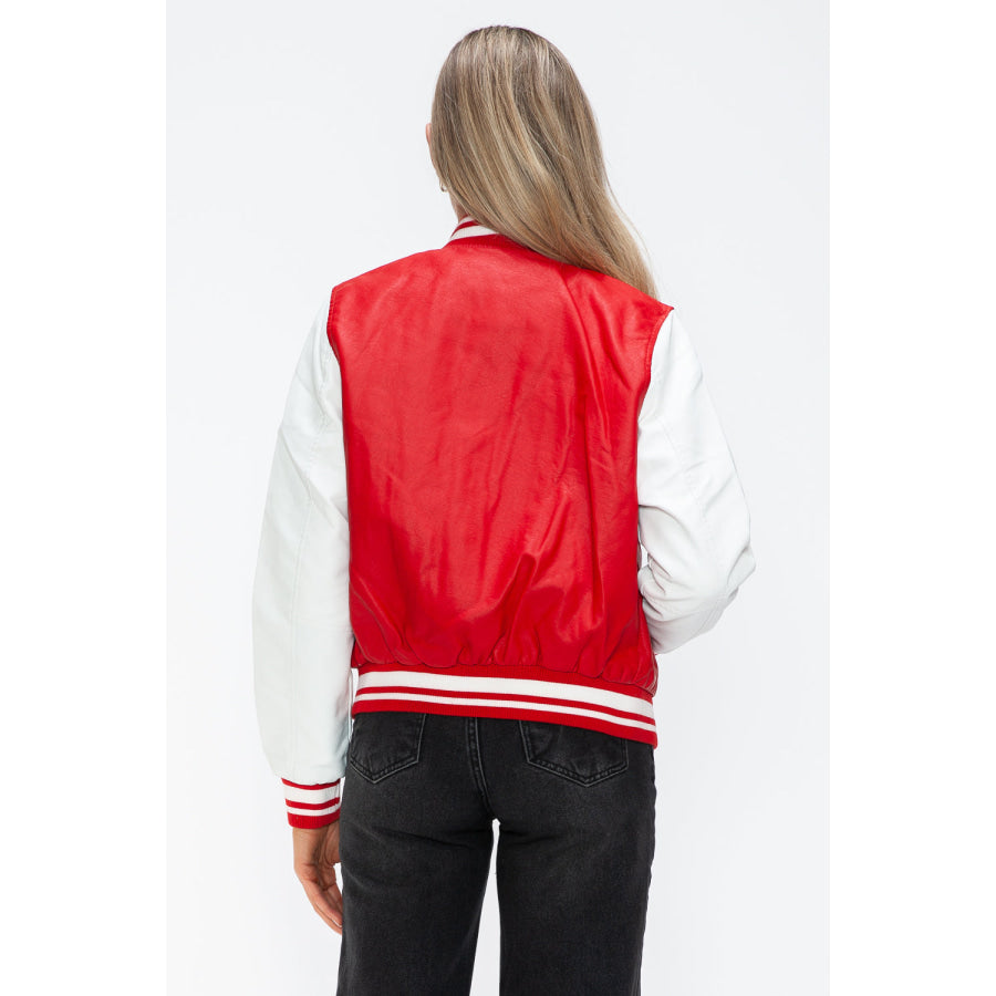 Love Me Now PU Leather Contrast Snap Down Bomber Jacket Apparel and Accessories