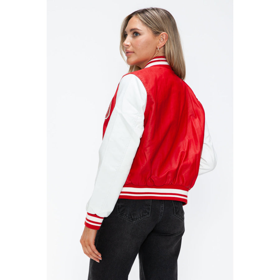 Love Me Now PU Leather Contrast Snap Down Bomber Jacket Apparel and Accessories