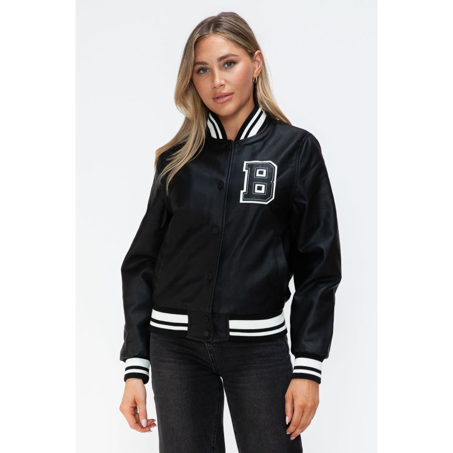 Love Me Now PU Leather Contrast Snap Down Bomber Jacket Apparel and Accessories