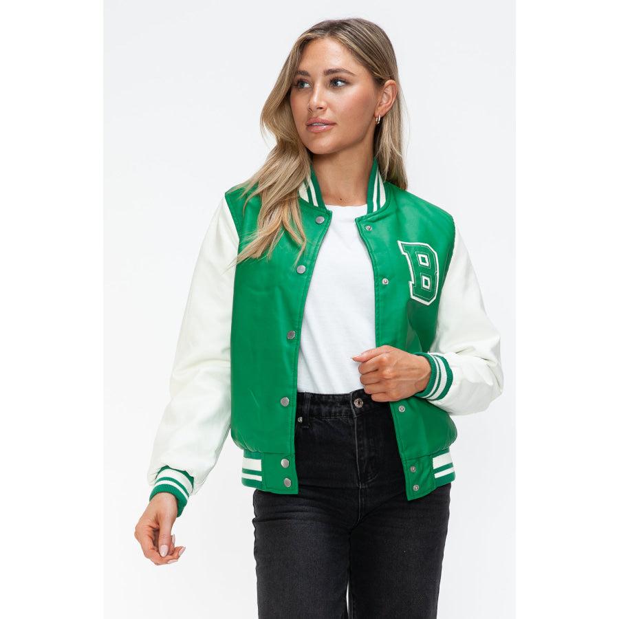 Love Me Now PU Leather Contrast Snap Down Bomber Jacket Apparel and Accessories