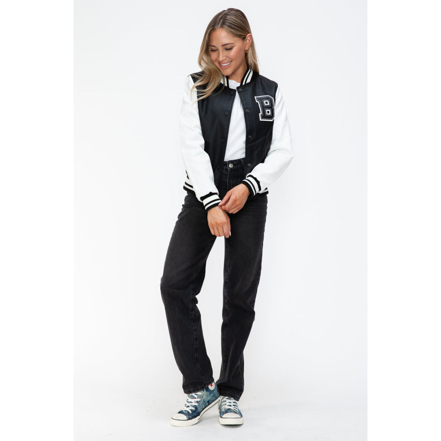 Love Me Now PU Leather Contrast Snap Down Bomber Jacket Apparel and Accessories