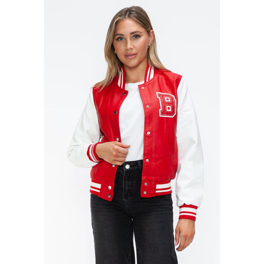 Love Me Now PU Leather Contrast Snap Down Bomber Jacket Apparel and Accessories