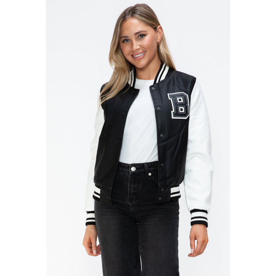 Love Me Now PU Leather Contrast Snap Down Bomber Jacket Apparel and Accessories