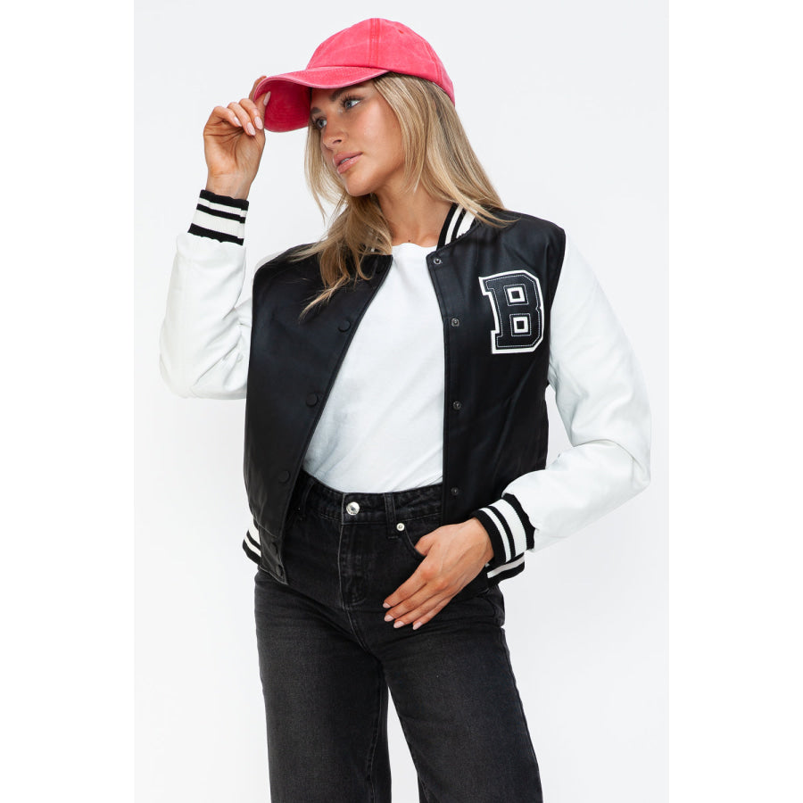 Love Me Now PU Leather Contrast Snap Down Bomber Jacket Apparel and Accessories