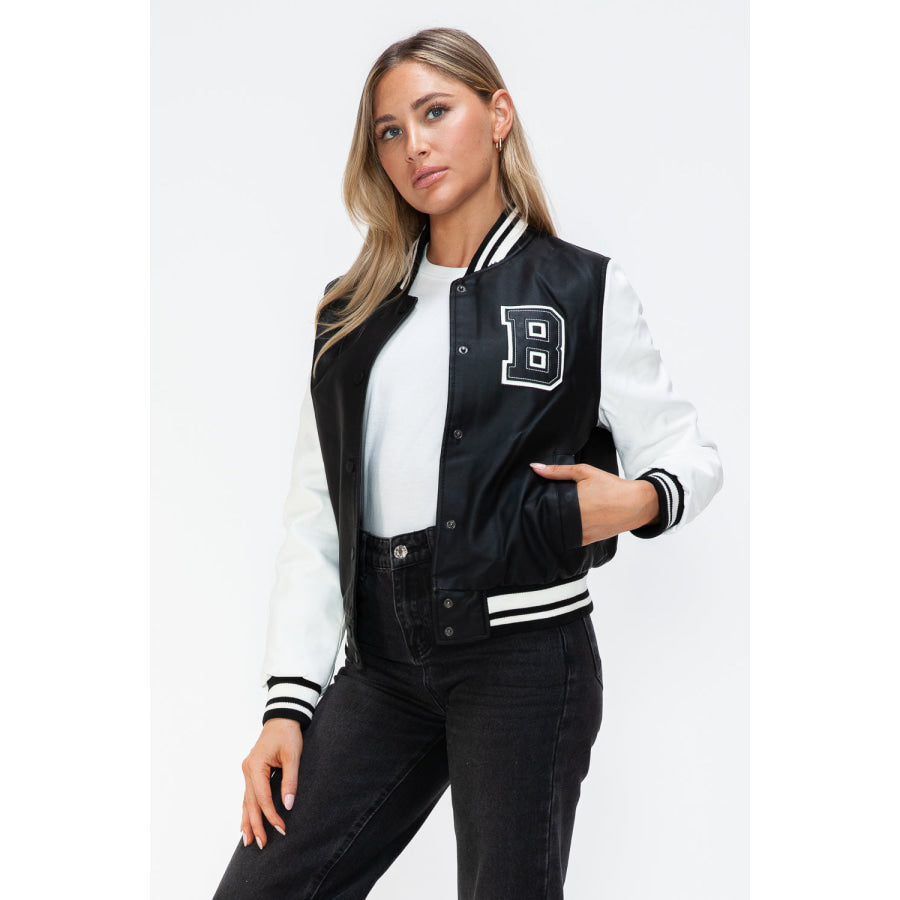 Love Me Now PU Leather Contrast Snap Down Bomber Jacket Apparel and Accessories