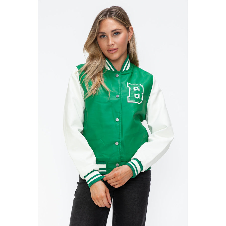 Love Me Now PU Leather Contrast Snap Down Bomber Jacket Apparel and Accessories