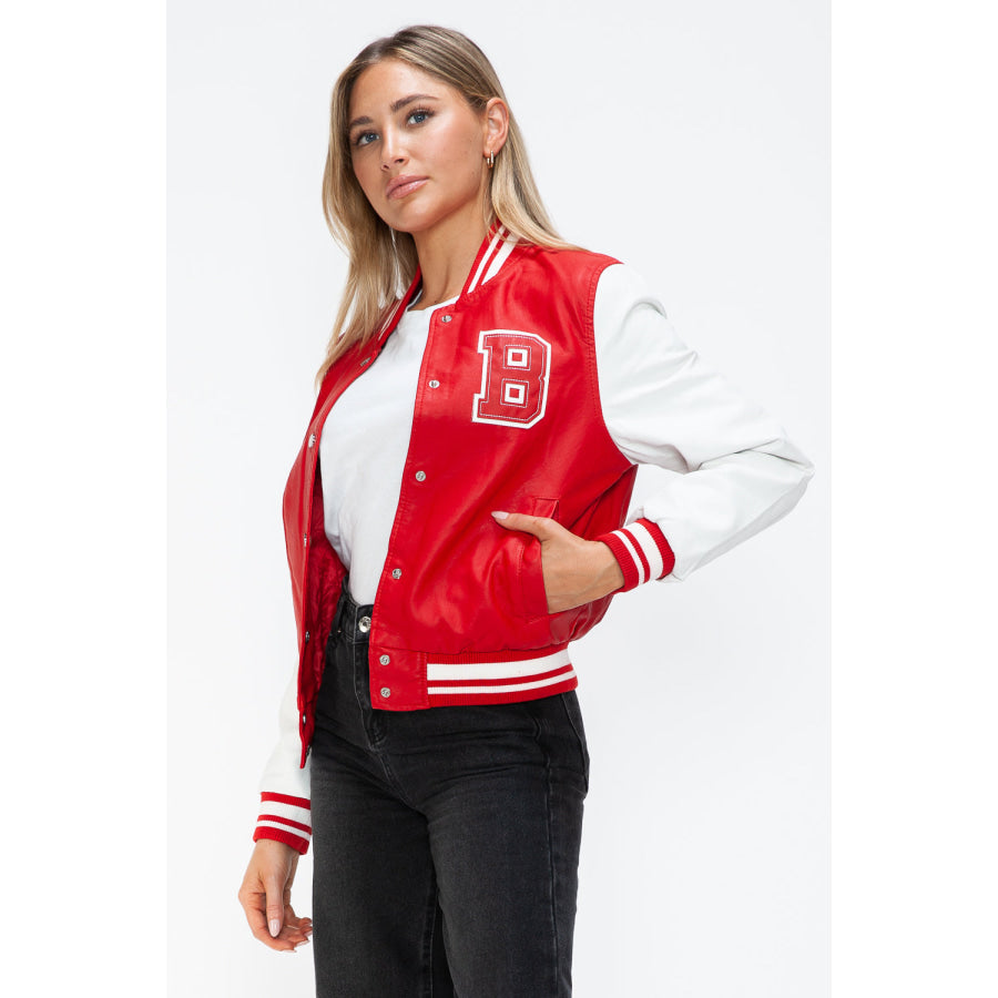 Love Me Now PU Leather Contrast Snap Down Bomber Jacket Apparel and Accessories