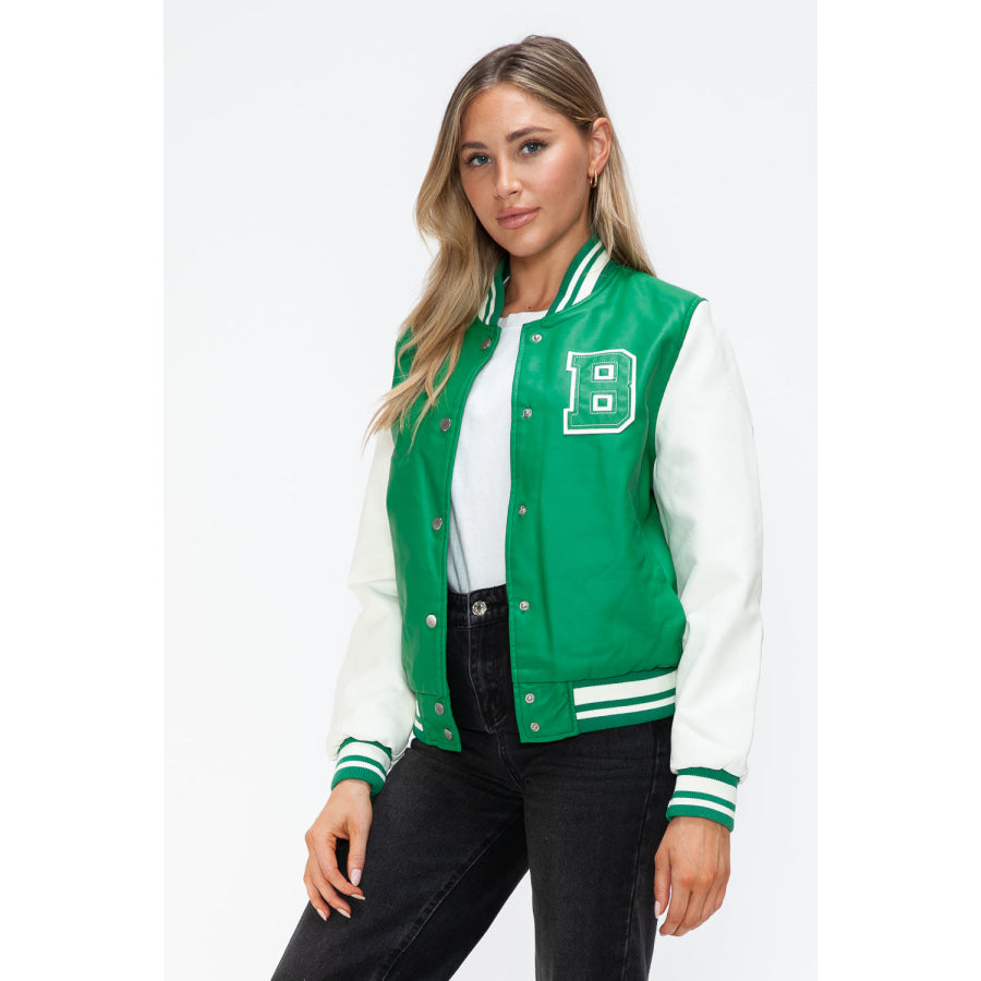 Love Me Now PU Leather Contrast Snap Down Bomber Jacket Apparel and Accessories