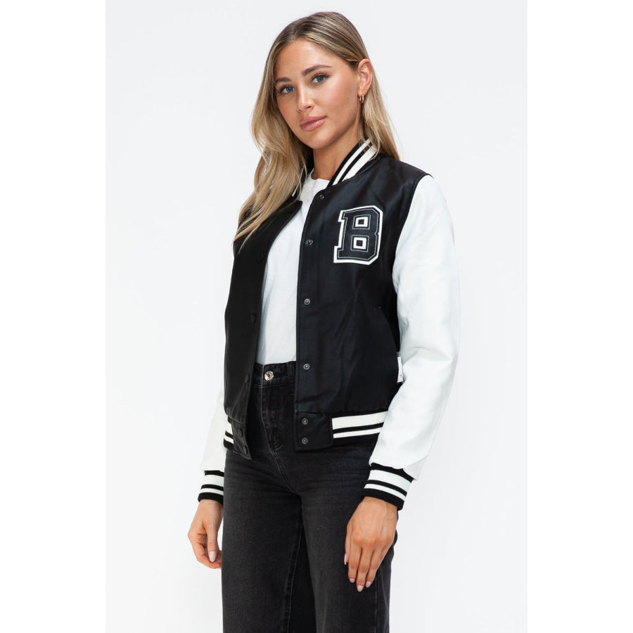 Love Me Now PU Leather Contrast Snap Down Bomber Jacket Apparel and Accessories