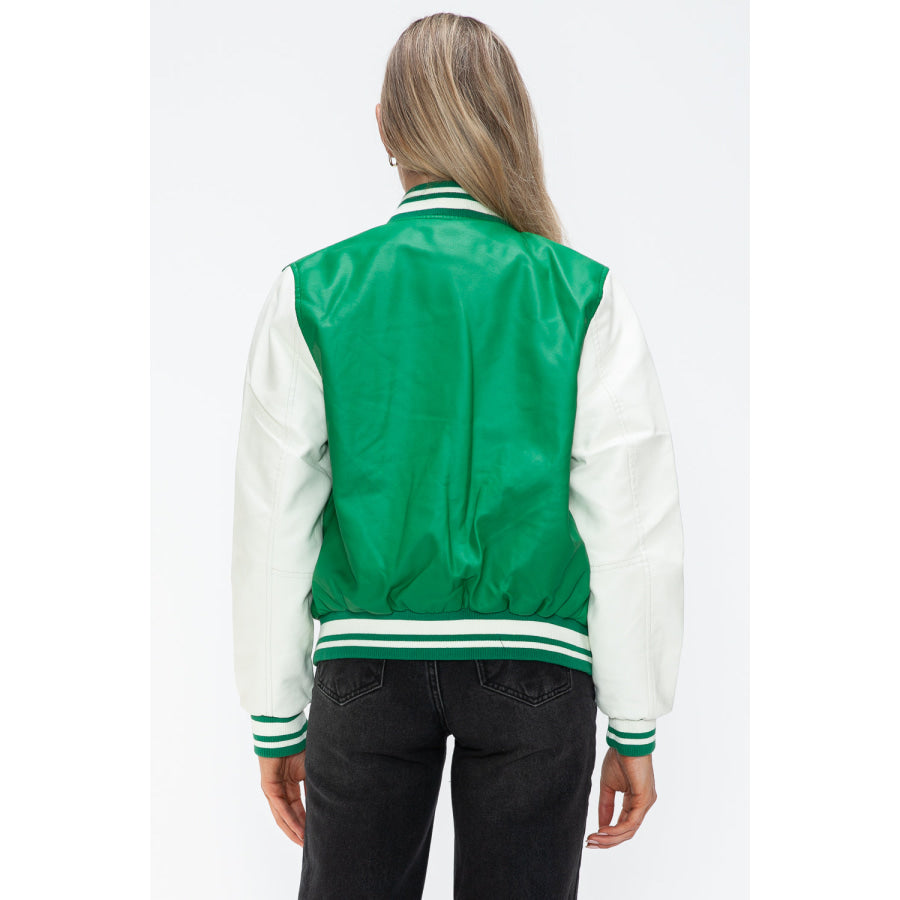 Love Me Now PU Leather Contrast Snap Down Bomber Jacket Apparel and Accessories