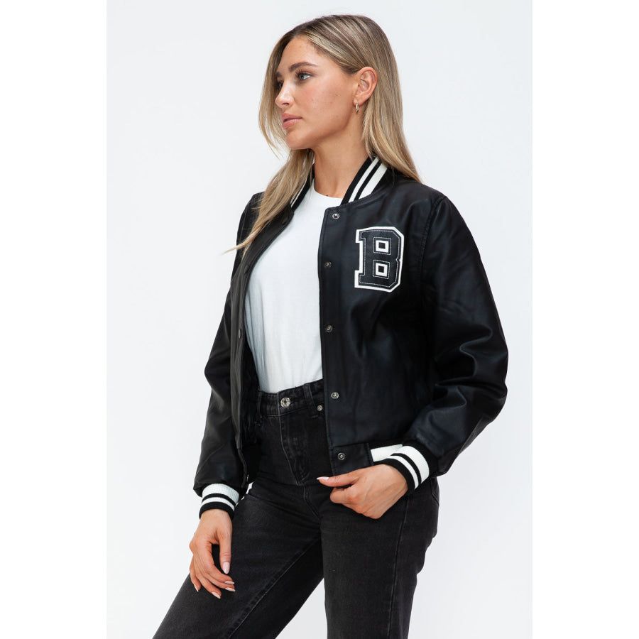 Love Me Now PU Leather Contrast Snap Down Bomber Jacket Apparel and Accessories