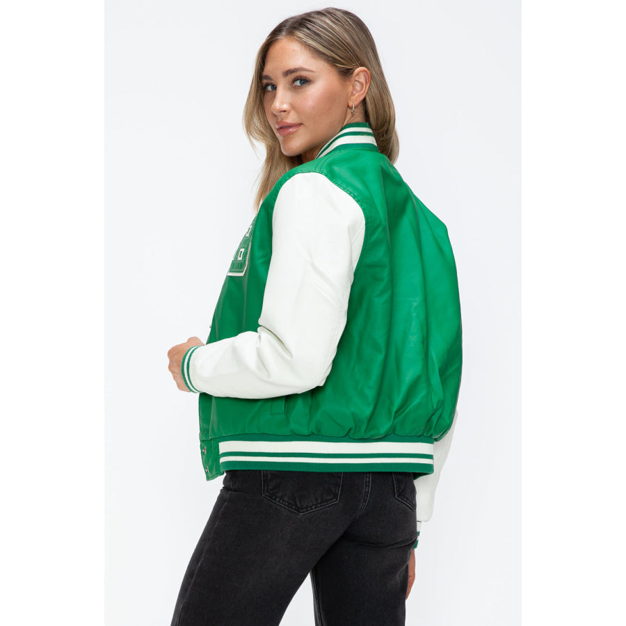 Love Me Now PU Leather Contrast Snap Down Bomber Jacket Apparel and Accessories